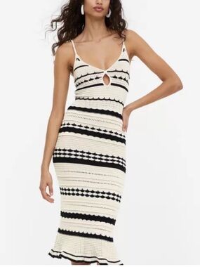 H&M Black & Cream Striped Knit Crochet Midi Dress XXL